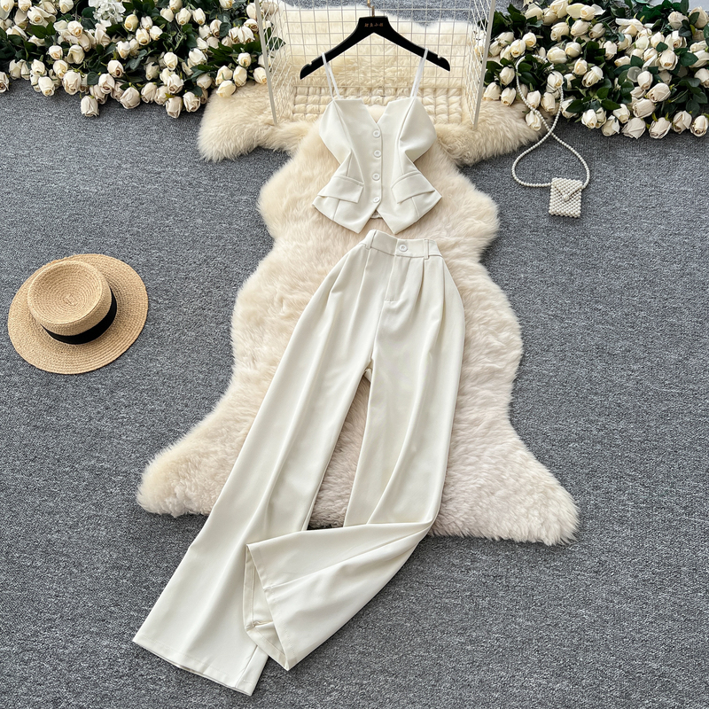 Fashionable Women's Summer Suit with a High-End Feel, Including a Camisole, Waist-Cinching Blazer Vest, High-Waisted Wide-Leg Straight Pants Two-Piece Set