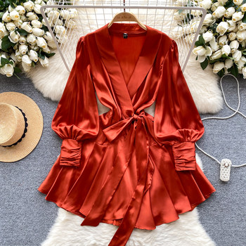 Yujie wears high-end satin dress for women 2024 new spring French puff sleeve one-piece wrap dress