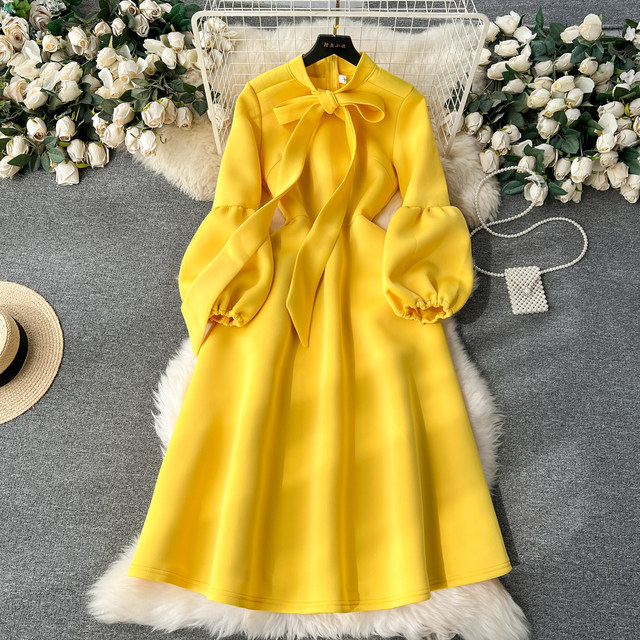 European and American high-end party dress women's fashionable bow tie lantern long-sleeved waist wide swing dress