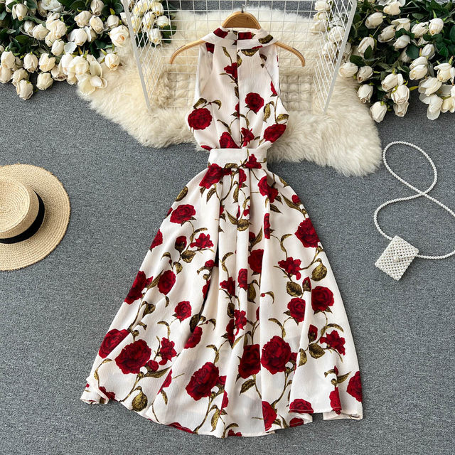 Retro Printed Dress 2022 New Goddess Fan Temperament V-neck Tie Waist Slim Mid-Length Dress Skirt