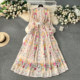 European palace style dress, spring dress, feminine style, stand collar, buttoned, slim long chiffon print holiday dress