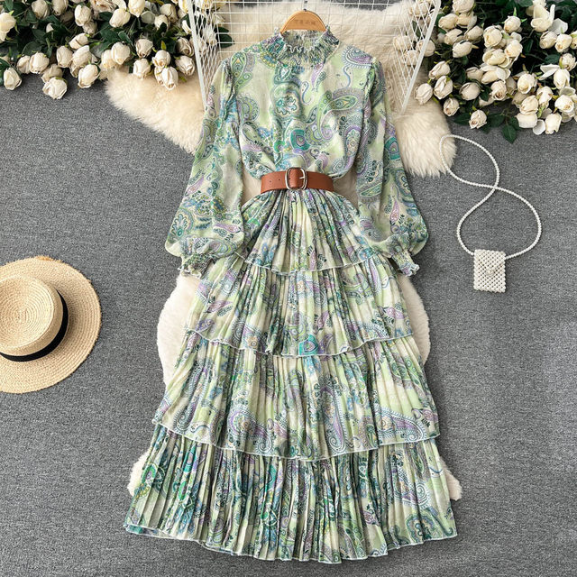 Stand-up collar mesh long-sleeved ruffles printed waist fluffy dress women's spring and autumn lantern sleeve cake dress