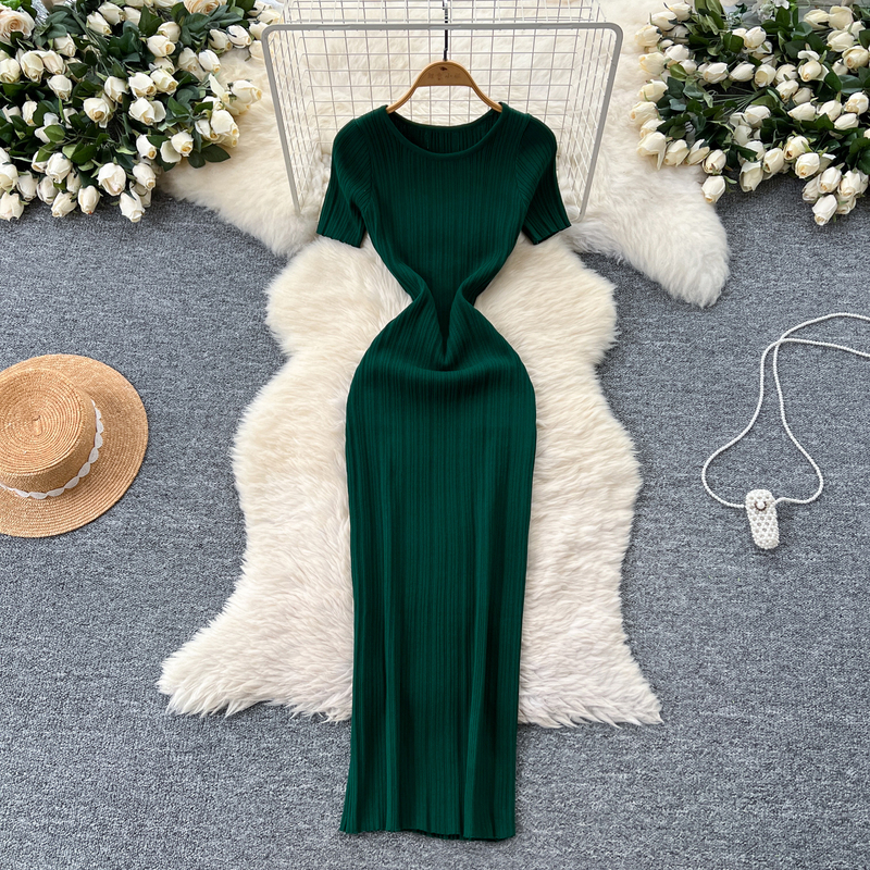 Short-Sleeved Dress for Women 2025 Summer High-End Fashion Waist-Cinching Slim-Fit Round-Neck Knitted Skirt Hip-Hugging Long Skirt