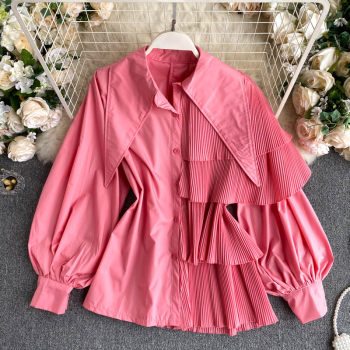 South Korea's Dongdaemun fashion fried street autumn shirt women's irregular design puff sleeves pleated ruffled top women's