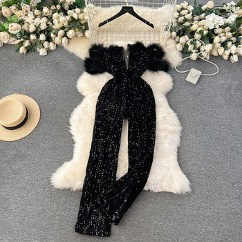 Light luxury and elegant temperament jumpsuit for women to wear ins European and American style one-shoulder fur stitching sequined slim trousers