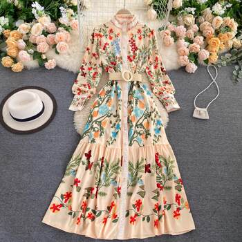 European and American retro palace style dress with waist and straps, round neck, long sleeves, lotus leaf, foreign air, fairy A-line skirt