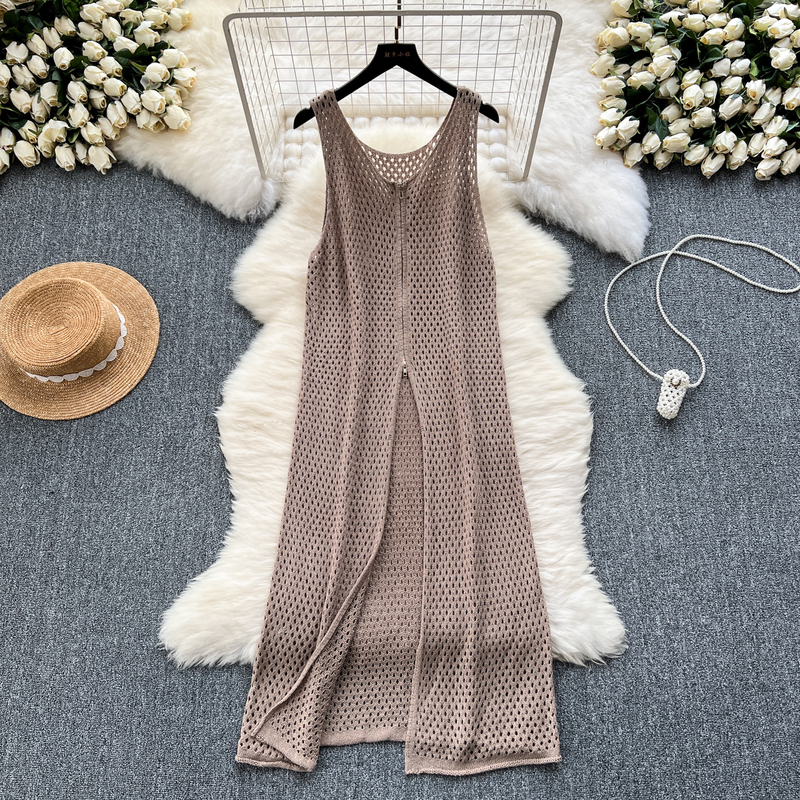 Korean Style Fashionable Layered Design Zipper Slit Long Top Women's Knitted Sleeveless Vest Dress Women