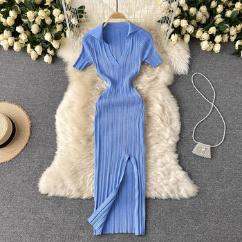 European and American ins scheming slit over the knee skirt sexy waist and hips elastic knitted dress 2021 new summer dress