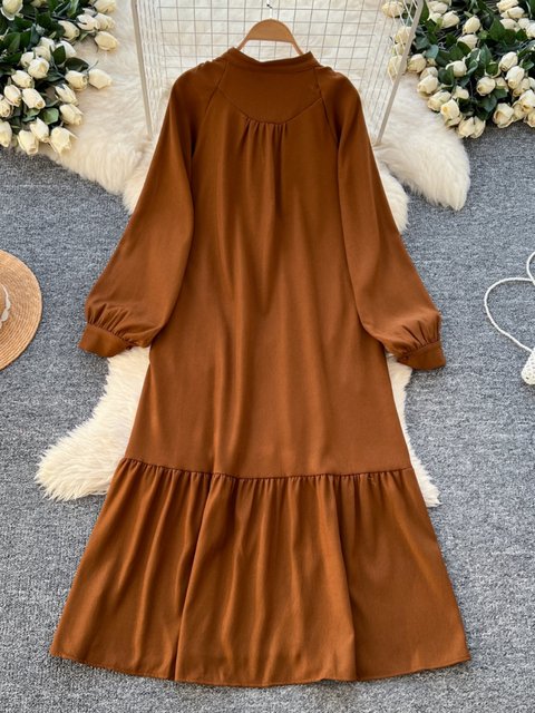 Spring Dress 2025 New Style Lazy Casual Round Neck Single-Breasted Lantern Sleeve Loose Ruffle Cardigan Long Dress