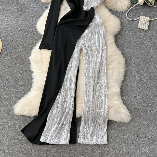 Celebrity high-end temperament jumpsuit for women Hong Kong chic niche light luxury off-shoulder suspenders long-sleeved sequin splicing trousers