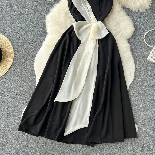 Summer design oblique one shoulder black and white contrast color slim waist A-line princess skirt female tube top evening dress dress