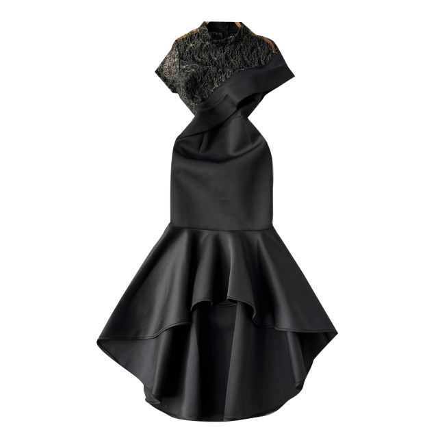 Summer sexy lace embroidery stitching irregular skirt dress female short-sleeved waist bag hip black evening dress