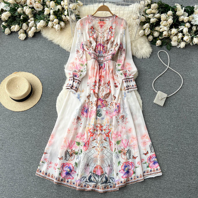 Spring deep V-neck long-sleeved printed dress female sweet temperament chiffon waist waist big swing loose slit fairy skirt