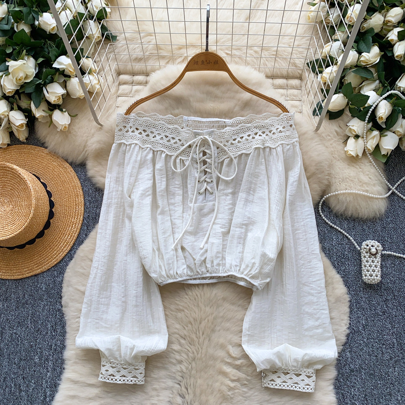 Trendy and Stylish Off-Shoulder Long-Sleeve Shirt for Women in Autumn, Featuring Lace Patchwork and a Cinched Waist, Short Top Trendy and Stylish Off-Shoulder Long-Sleeve Shirt for Women in Autumn, Featuring Lace Patchwork and a Cinched Waist, Short Top