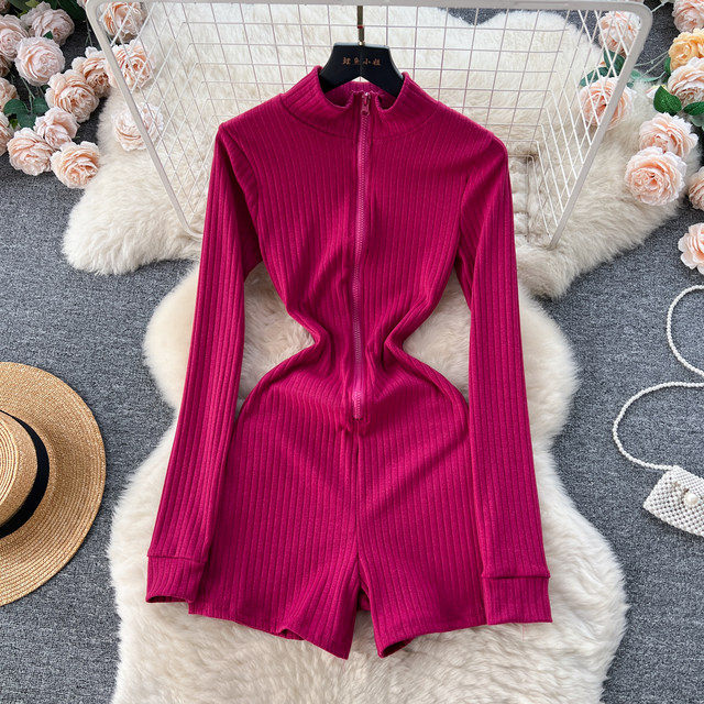 European and American hot girl style design jumpsuit for women autumn 2023 new style simple solid color long-sleeved zipper top shorts