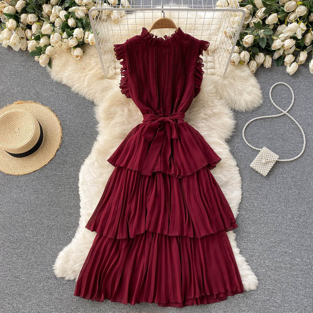 French Dress Women's Heavy Industry Pressed Pleated Wooden Ear Edge Neck Tie Waist Slim Falbala Chiffon Cake Dress