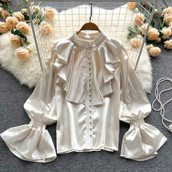 French high-end shirt women's design sense niche ruffle stand collar single-breasted sweet temperament lantern sleeve top