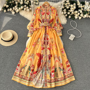 Spring new design sense French retro stand collar puff sleeves printed dress female ethnic style big swing long skirt