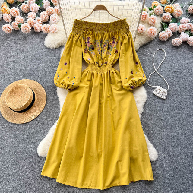 Retro one-neck dress women's spring and summer heavy industry embroidery pleats waist design sense lantern sleeves big swing long skirt