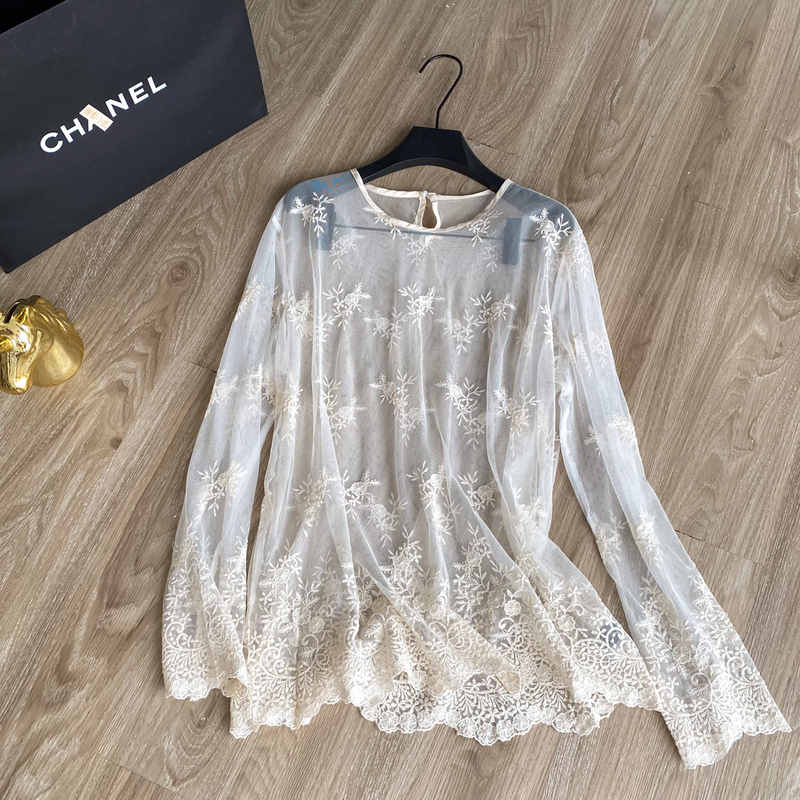 Korean Style Commuter Style Embroidered White Lace Shirt for Women, Summer Hollow-Out Long-Sleeved Loose Cardigan, Embroidered Elegant Top