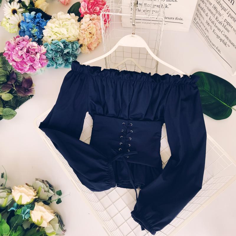 Thời trang châu Âu và Mỹ thời trang gợi cảm từ cổ áo lệch vai ống trên tai bằng gỗ dài tay thắt lưng eo áo sơ mi nữ áo sơ mi dài