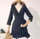 Ngôi sao lãng mạn retro Pháp in eo cao với một chiếc váy cardigan dài tay xù