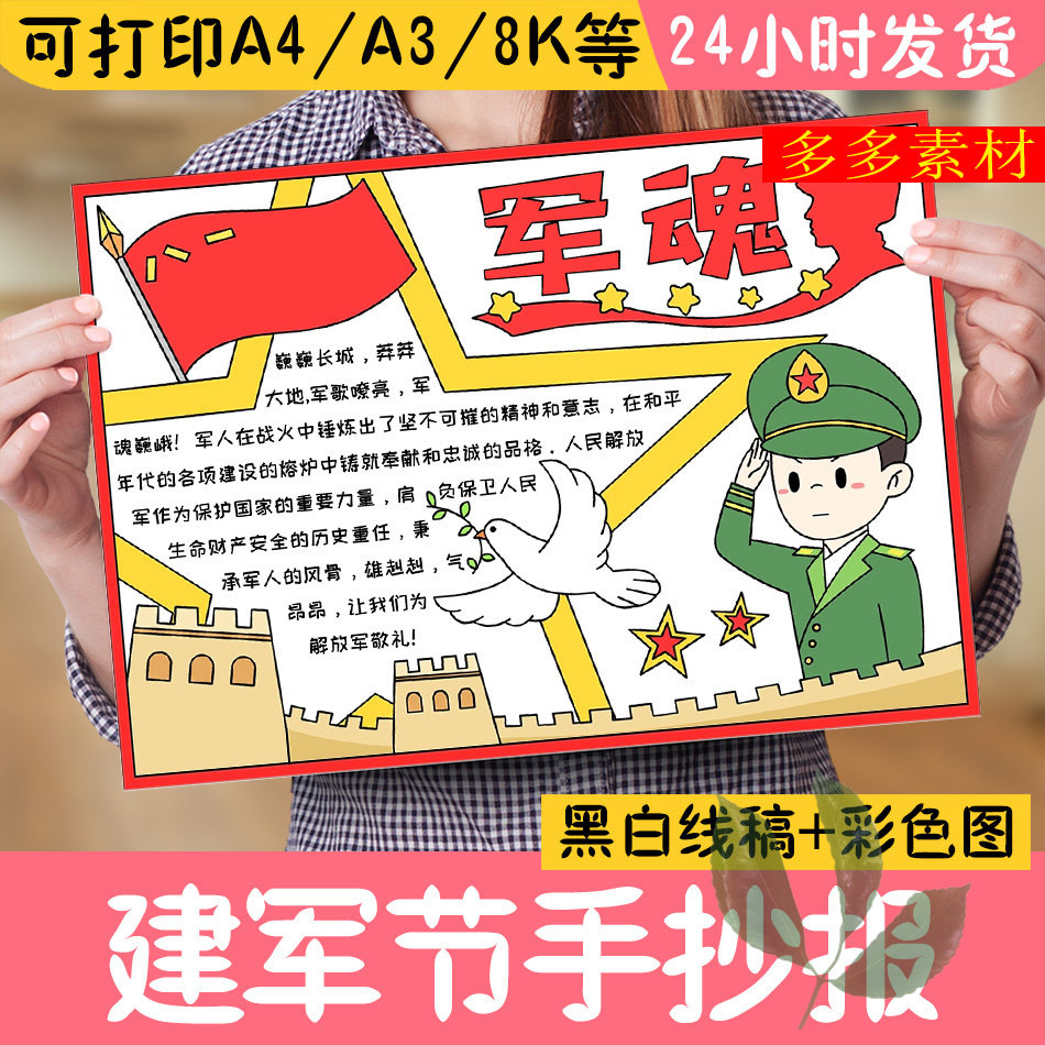 8-One Jianjun's Day Hand Transcript of Formwork Iron Blood Army Soul Elementary School Students Patriotic Tabloid Electronic Version of Painting Poster Material