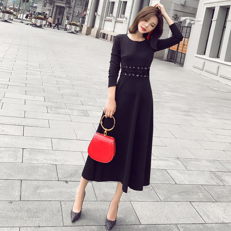 小黑裙连衣裙赫本中长款2017秋装新款复古气质系带修身显瘦A字裙