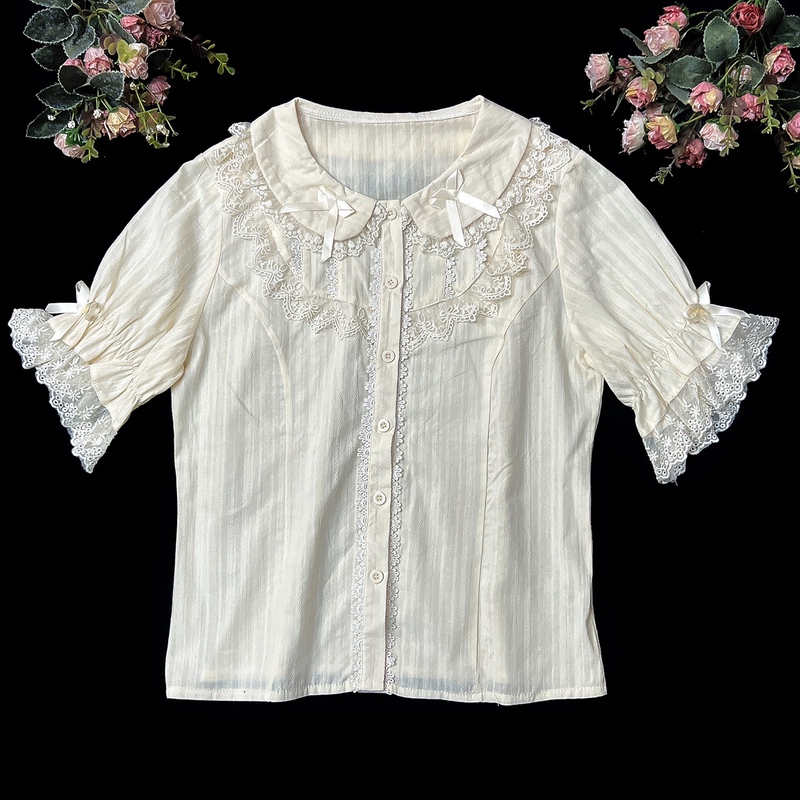 [Xia Mengdou] Original Lolita Pure Cotton Short-Sleeved Shirt with Doll Collar and Lace, Sweet Summer Top