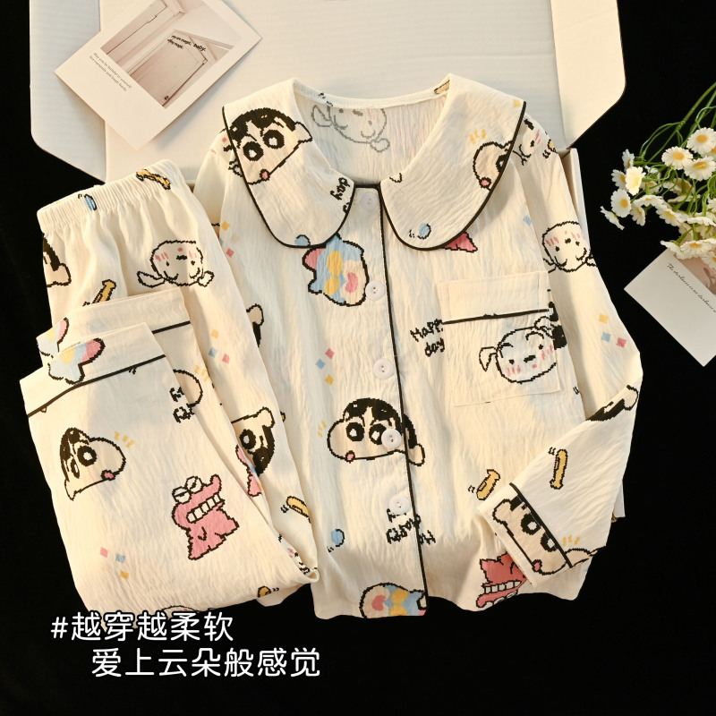 Crayon Shin-Chan Children's Pajamas for Girls, Spring and Autumn, Doll Collar, Cloud Cotton, Long-Sleeved, Doll Collar, Girls' Loungewear Set