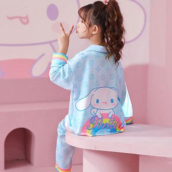 Girls' pajamas spring and autumn long-sleeved thin ice silk cinnamon dog middle-aged and older children baby silk little princess children's home clothes