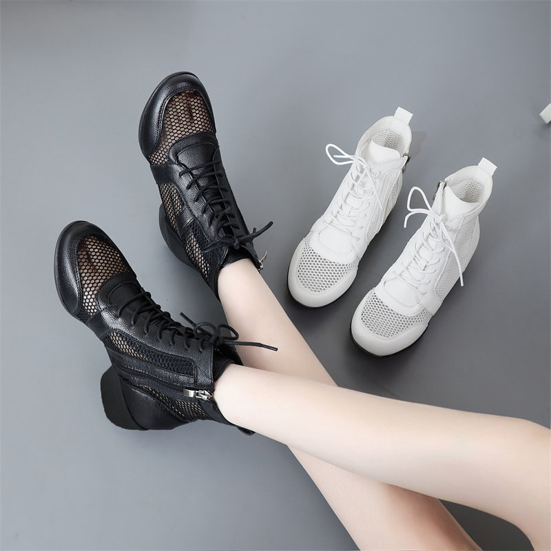 Four Seasons Dancing Shoes Woman Middle Heel Square Dance Shoes Soft Bottom Dance Shoes Genuine Leather Jazz Dance Mesh Boots Water Soldiers Dance Shoes-Taobao