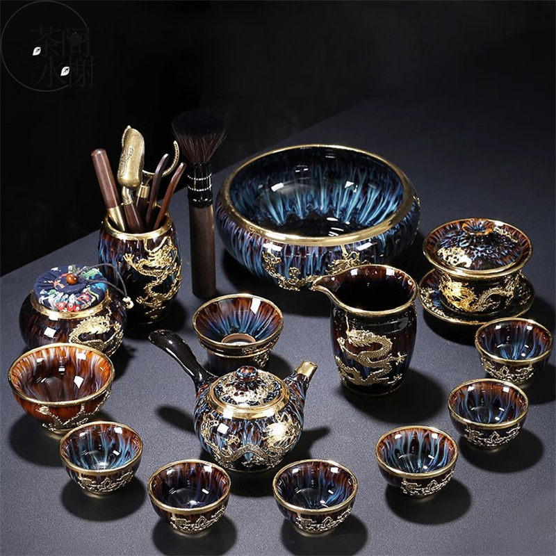 Gold Inlaid Jade Kung Fu Tea Set for Home and Office Use, Ceramic Teapot, Living Room, Chinese Retro High-End Gift Box Set