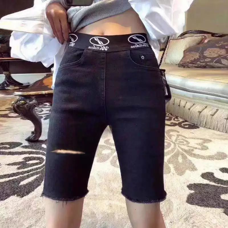 Large Size Code Breaking Hole High Waist Denim Shorts Women's Summer 2021 Thin rides Riding Tight elastic 50% Pants Slim Fit 50% pants