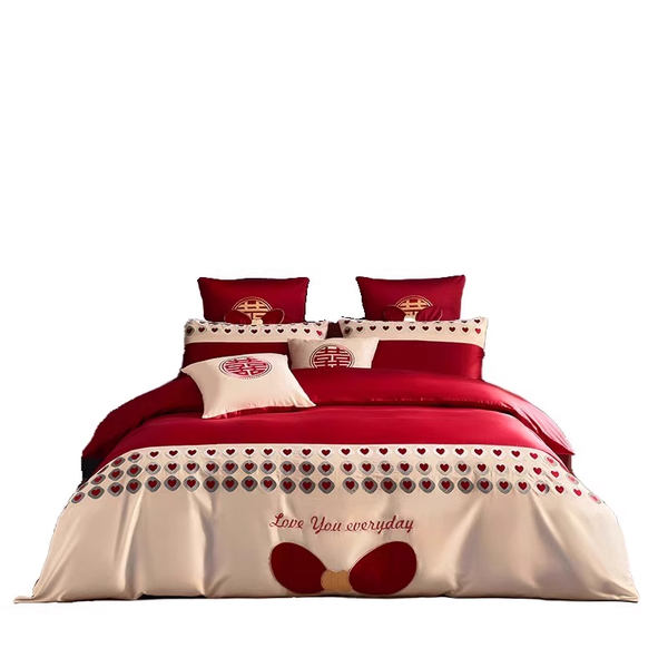 Yoro High-End 180S Long-Staple Cotton Wedding Four-Piece Set, Pure Cotton, Bright Red Wedding Quilt, Dowry Bedding