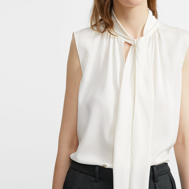 Timeless Elegance and Classic Style! Heavy Cloud Silk Bow Tie Ribbon Sleeveless Shirt, Mulberry Silk Commuter Shirt