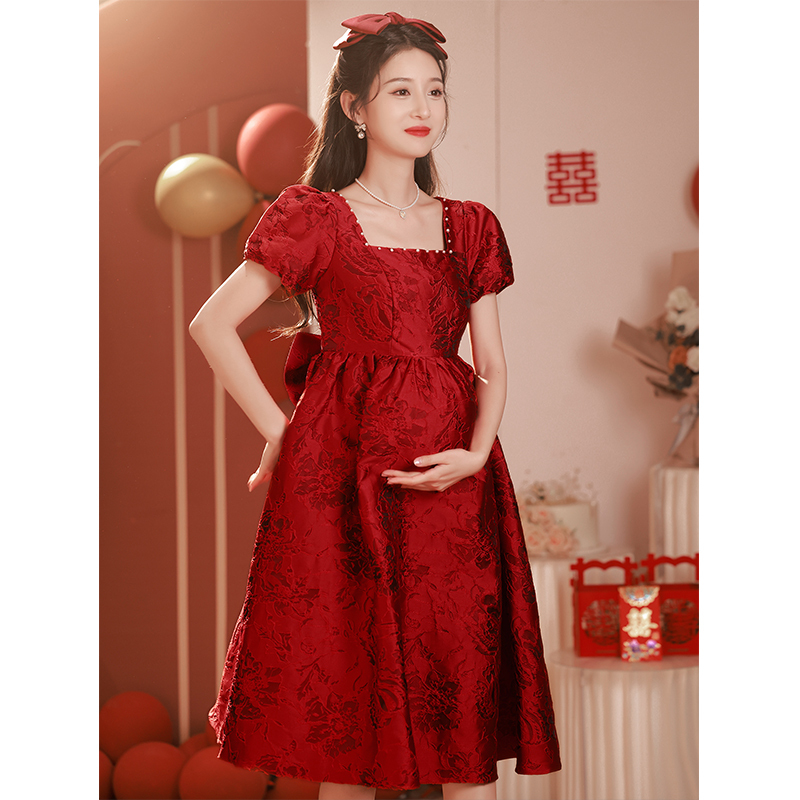 Maternity Toast Dress, Bride's Summer Red Wedding Engagement Dress, Runaway Princess Dress, Homecoming Plus Size Dress for Chubby Women