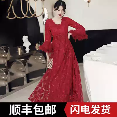 Large size bride toast 2021 new wine red long sleeve summer fat mm pregnant women belly back home evening dress women