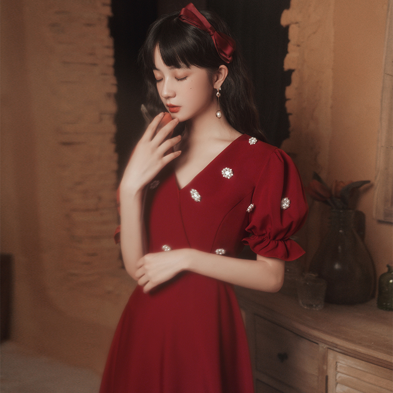 Pregnant Woman Toast Bride 2022 New Summer Red Wedding Gown Engagement Foreign Dress Woman Great Size High Sense