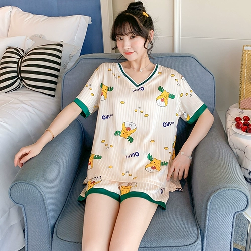 Шелковая летняя милая мультяшная пижама, комплект, 2025 года, премиум класс, короткий рукав