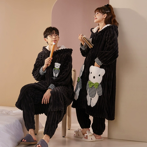 Коралловый бархатный мультяшный зимний банный халат, пижама для влюбленных, длинный фланелевый комплект, увеличенная толщина, длина макси