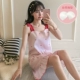 Bộ đồ ngủ có đệm ngực phụ nữ mùa hè băng lụa dễ thương phim hoạt hình dễ thương vịt dễ thương dịch vụ tại nhà mùa hè bộ đồ ngủ địu mỏng rời - Đêm đầm