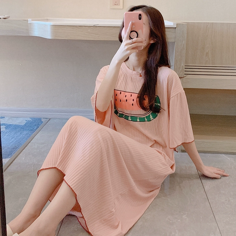 Váy ngủ nữ mùa hè mỏng cotton dễ thương đồ ngủ mùa hè ngọt ngào và tươi mát lỏng lẻo cỡ lớn sinh viên phục vụ tại nhà - Đêm đầm