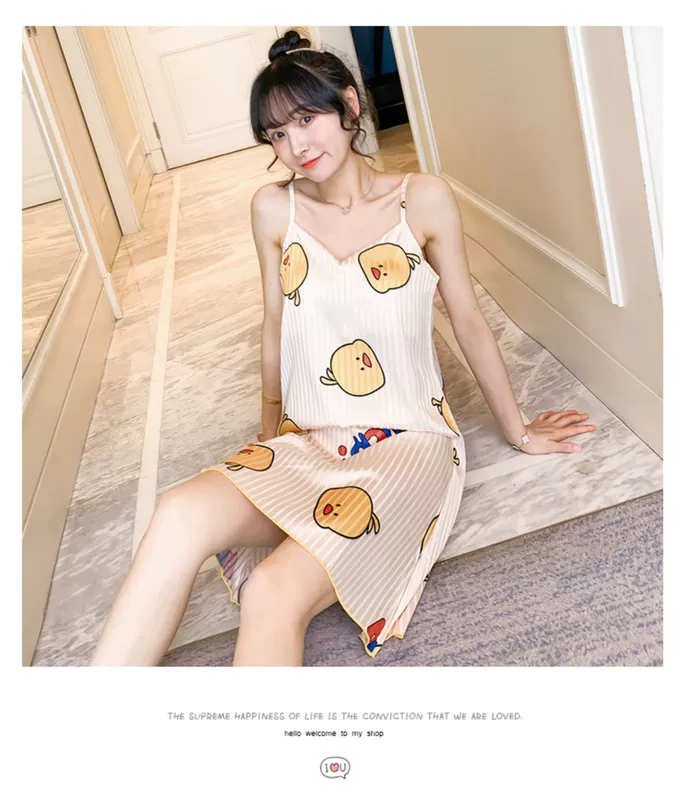 Bộ đồ ngủ có đệm ngực phụ nữ mùa hè băng lụa dễ thương phim hoạt hình dễ thương vịt dễ thương dịch vụ tại nhà mùa hè bộ đồ ngủ địu mỏng rời - Đêm đầm