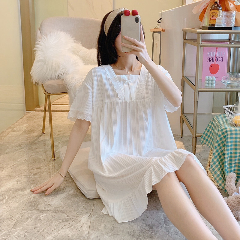 Net red popcorn Sleeping Skirt Woman Summer Short Sleeve Pure Cotton 2022 New Cute Easy Princess Wind Family Clothes Pyjamas