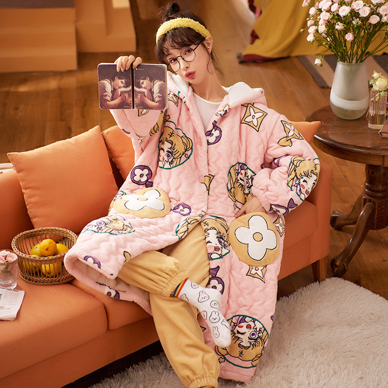 Pajamas Woman Autumn Winter Coral Fleece Plus Suede Thickened Triple Clip Cotton Cute Cartoon Long Version Flannel Velvet Sleeping Robe Suit