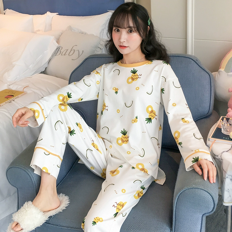 Đồ ngủ nữ mùa xuân, thu đông cotton dài tay phong cách hàn quốc tươi trẻ dễ thương sinh viên plus size phục vụ tại nhà bộ đồ hai mảnh mùa hè - Cha mẹ và con