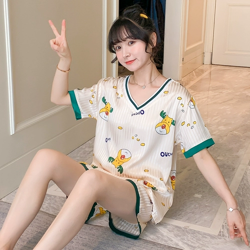 Шелковая летняя милая мультяшная пижама, комплект, 2025 года, премиум класс, короткий рукав
