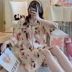Váy ngủ phong cách Hàn Quốc nữ mùa hè mỏng băng lụa cô gái dễ thương sinh viên ngắn tay dịch vụ tại nhà lưới đồ ngủ cardigan màu đỏ lỏng lẻo - Đêm đầm