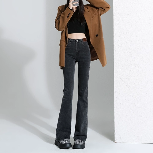 Черные демисезонные джинсы, штаны, леггинсы, универсальные длинные штаны-клёш, коллекция 2023, высокая талия